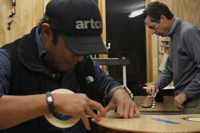 Clark Hipolito and Jay Lichty in the Lichty Guitars shop