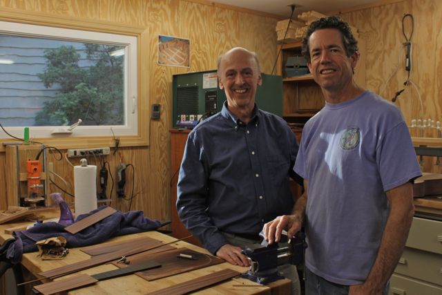 Craig Turn with Jay in the shop selecting wood for his custom tenor Lichty Ukulele